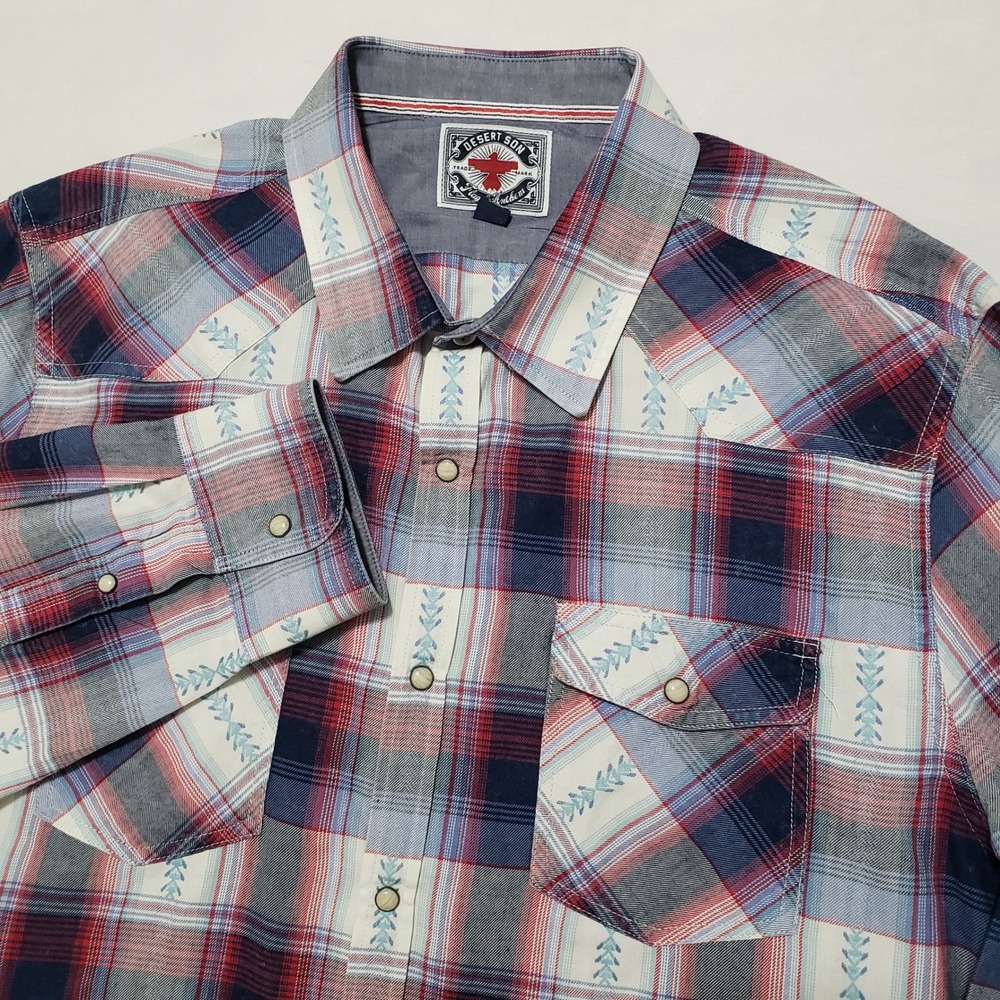 Desert Son Mens‎ Plaid Snap Front Western Shirt XL Red Blue White Feather Print